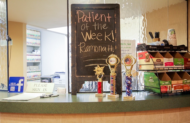 Patient of the week sign and drink bar