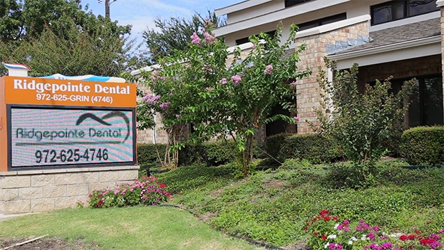 Ridgepointe Dental sign in front of dental office in The Colony Texas