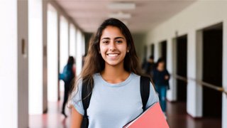 Teen girl smiling while walking to class